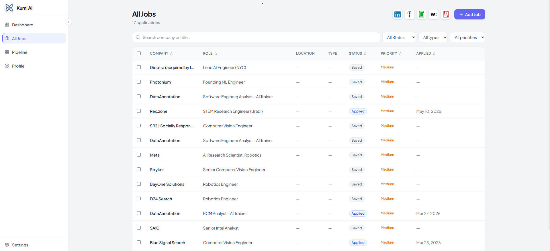 Screenshot of the Kumi AI All Jobs table listing saved roles, companies, locations, and statuses.