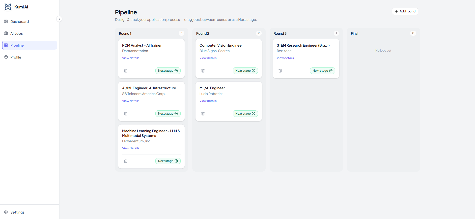 Screenshot of the Kumi AI pipeline board with job cards grouped by interview stage.